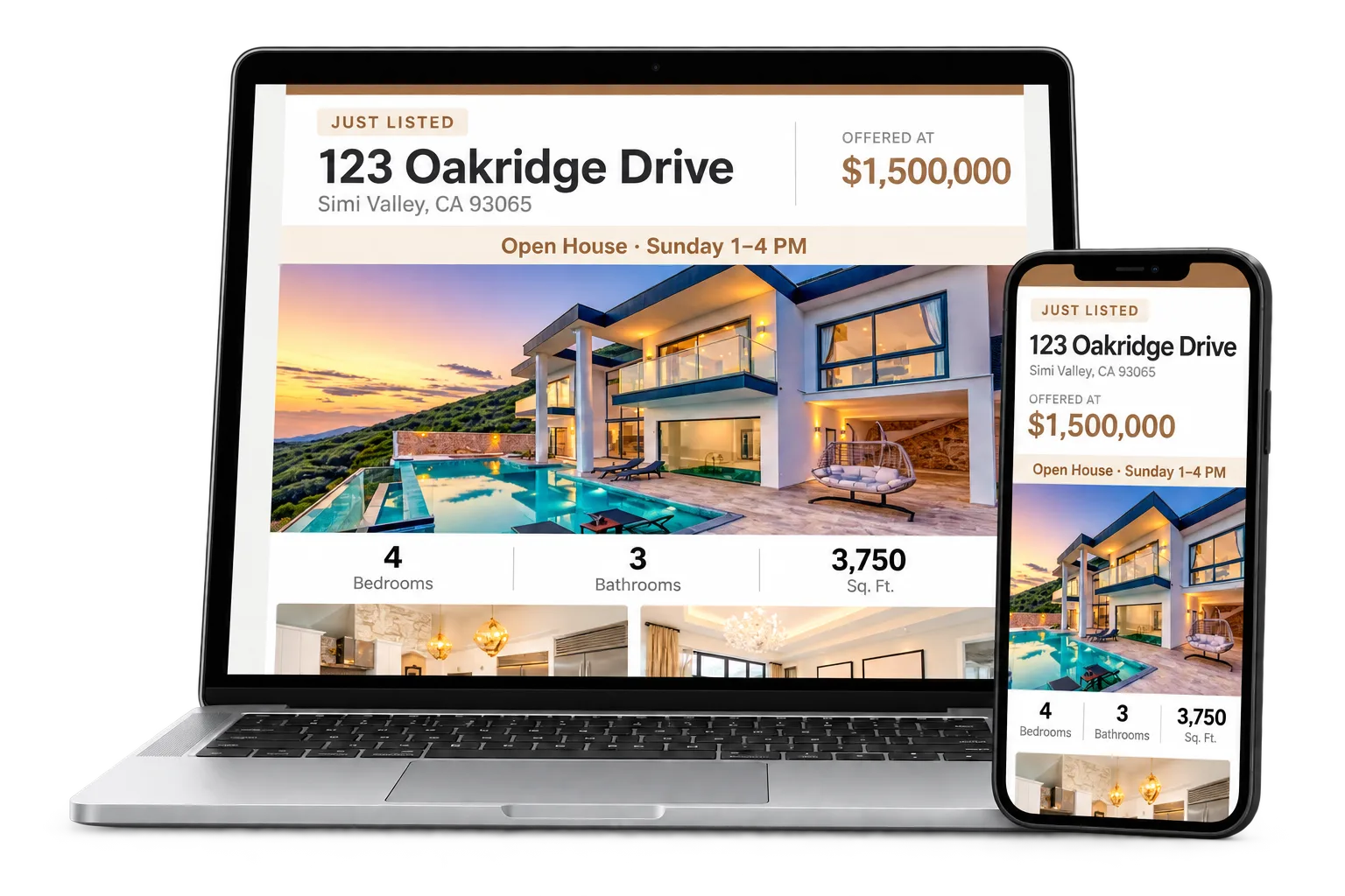 New format real estate email flyer upper sections displayed on a laptop and phone